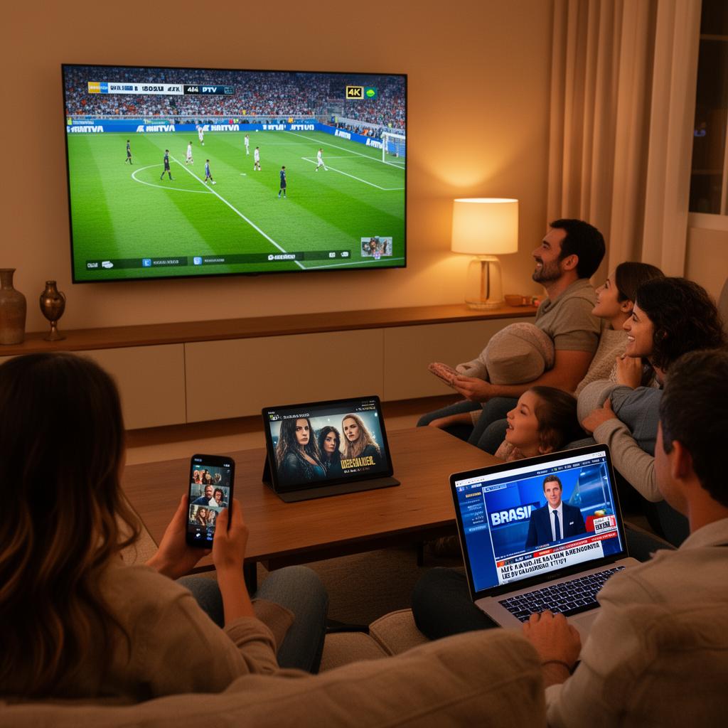 Família assistindo ELITE IPTV simultaneamente em smart TV, tablet, smartphone e notebook na sala de estar